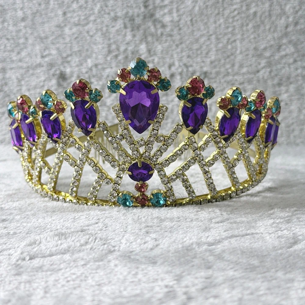 Tiara Crown Metal Women Gold Purple Teal Rhinestone Pageant‎ Regal Birthday NOLA